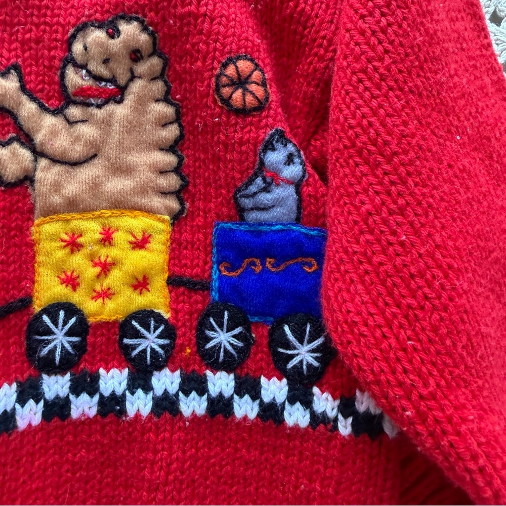 Vintage Toddler Cardigan Sweater Zoo Animal Circus Train Red Size 2 Cotton - Picture 11 of 14